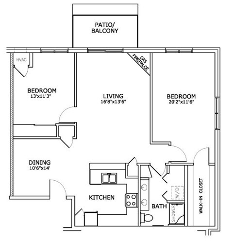 A floor plan of a home with a living room, two bedrooms, a dining room, a kitchen, and a bathroom.